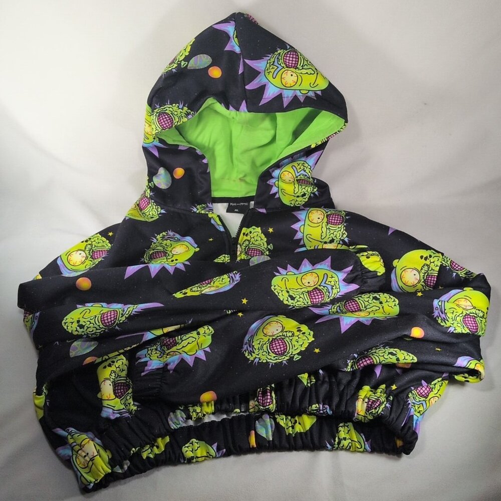 Rick & Morty Sweater Hoodie Full Zip Crop Women XL Black Pickle Space Adult Swim